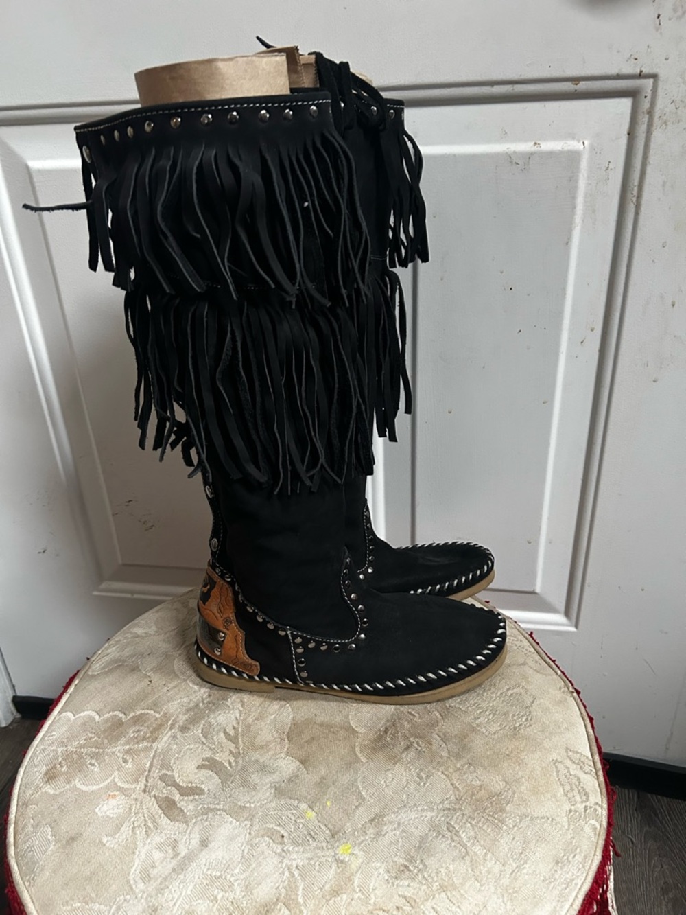 Rose Gonzalez Black Suede leather Fringe Studded Knee Boots Sz 9